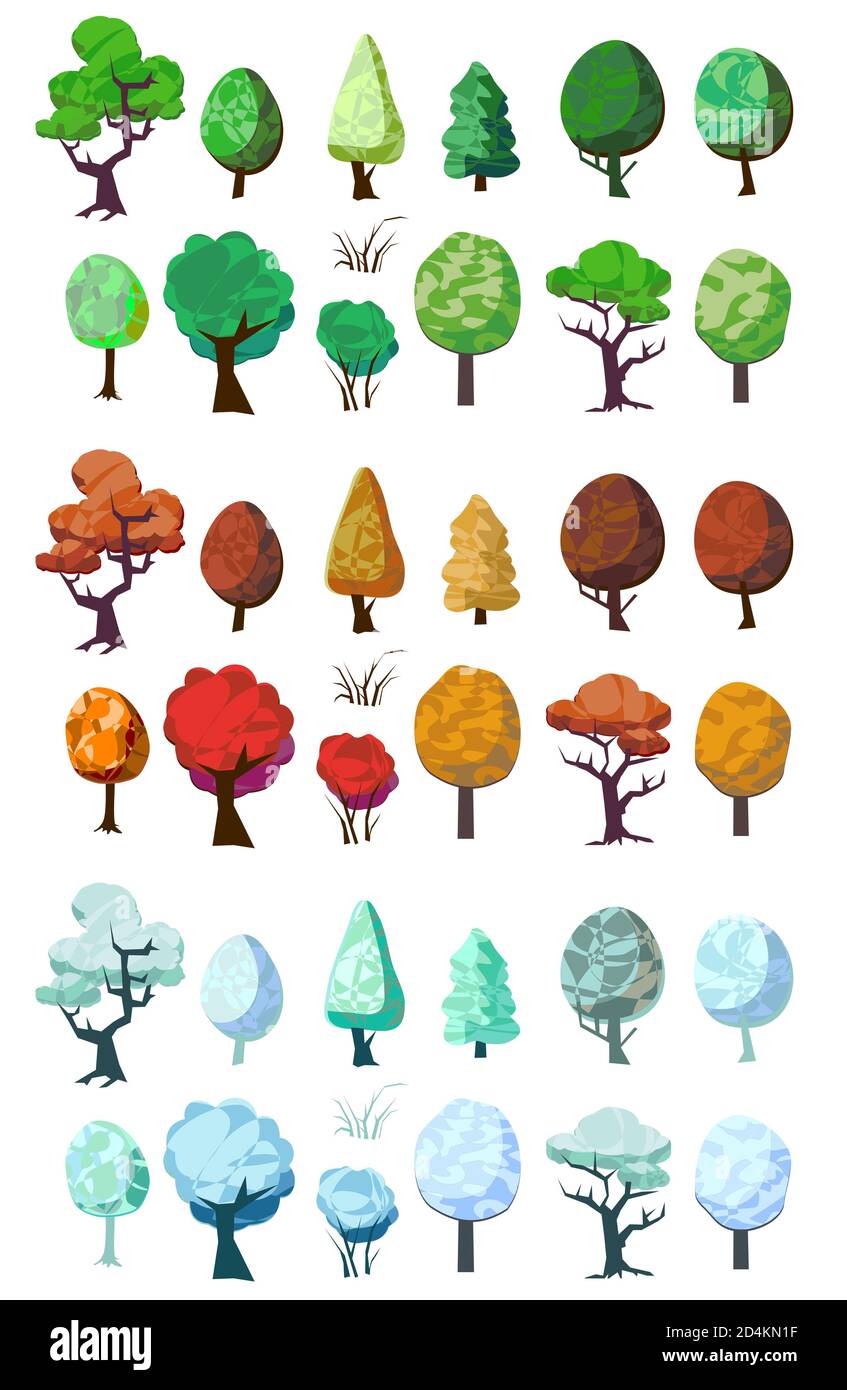 Insieme di alberi. Vettore. Inverno, estate e autunno alberi in stile piano cartoni animati. Oggetti isolati su sfondo bianco. Foto Stock