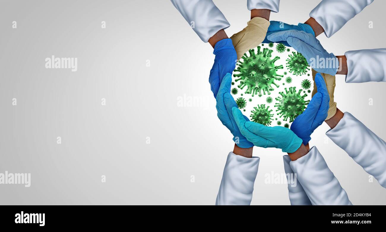 Prevenzione delle infezioni concetto di salute e medicina come diversi operatori medici come medico e infermiere mani che si uniscono per controllare la malattia. Foto Stock