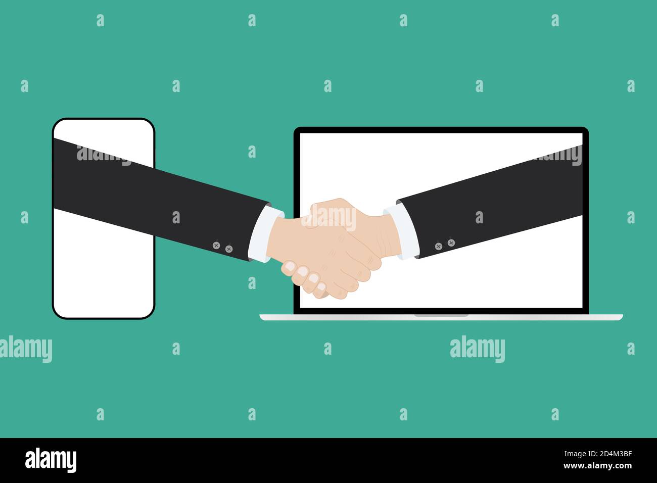 Conclusione online della transazione. Handshake aziendale, via telefono e laptop. Illustrazione vettoriale. Illustrazione Vettoriale