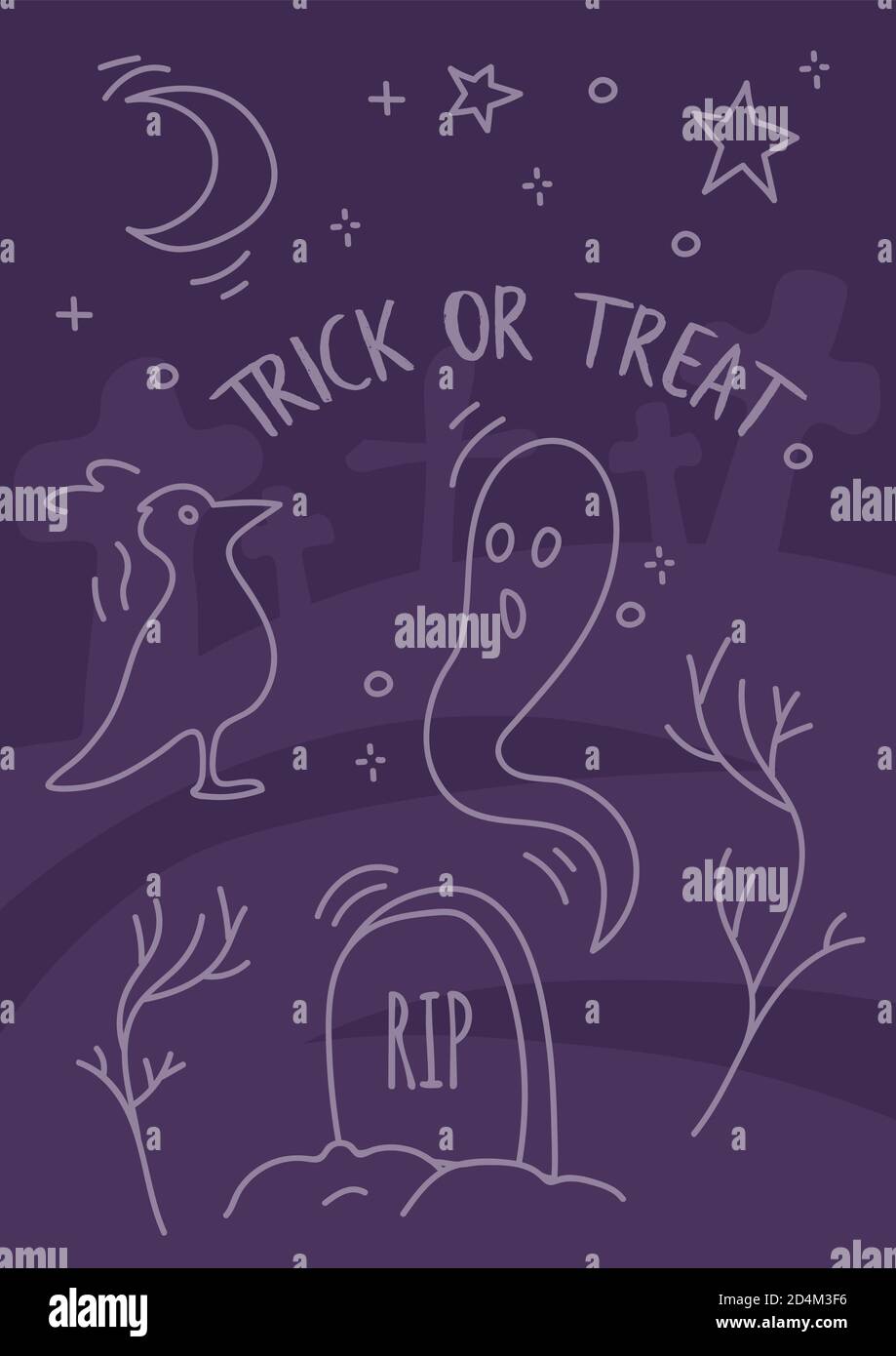 Halloween creepy poster con cimitero, fantasma e corvo. Spooky luna notte scenario sfondo con lapide. Trick o trattare gli elementi autunnali disegnati a mano. Illustrazione Vettoriale