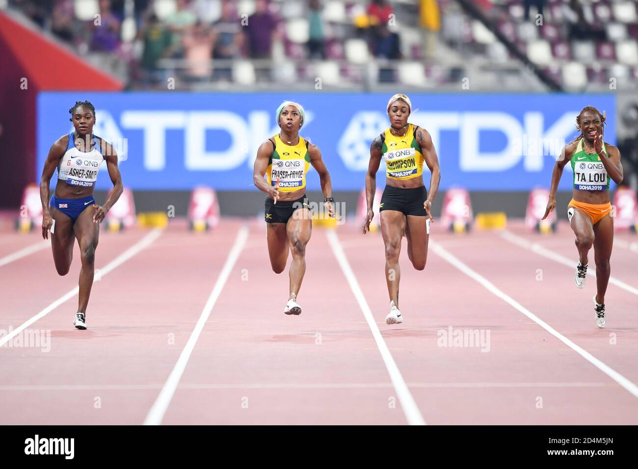 Shelly-Ann Fraser-Pryce (JAM), Marie Josee Ta Lou (CDI), Dina Asher-Smith (GBR), Elaine Thompson. 100 metri. Campionato mondiale di atletica, Doha 2019 Foto Stock