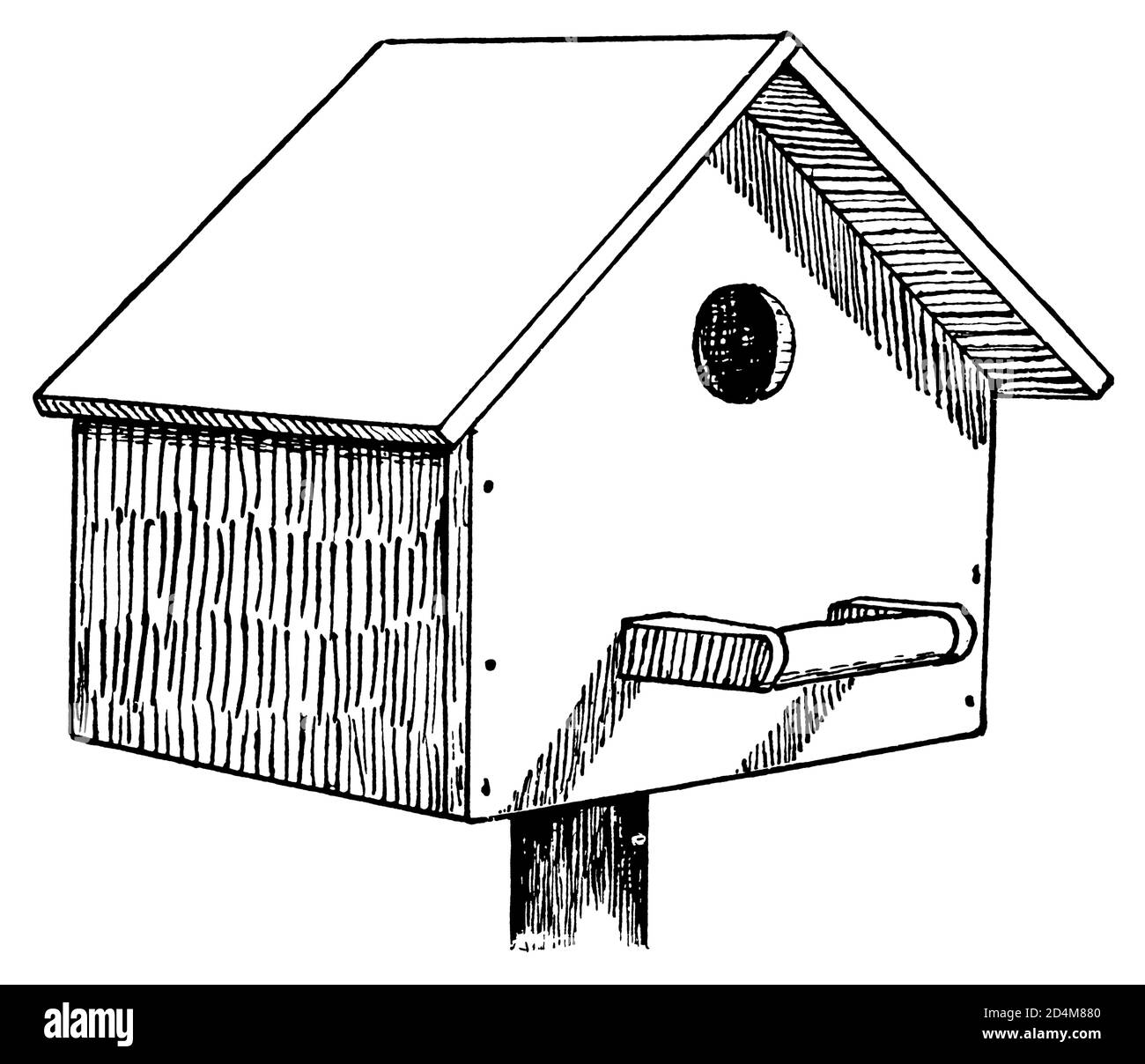 Illustrazione classica di una casa per uccelli (isolata su bianco). Pubblicato in Systematischer Bilder-Atlas zum Conversations-Lexikon, Ikonographische Encyklopa Foto Stock