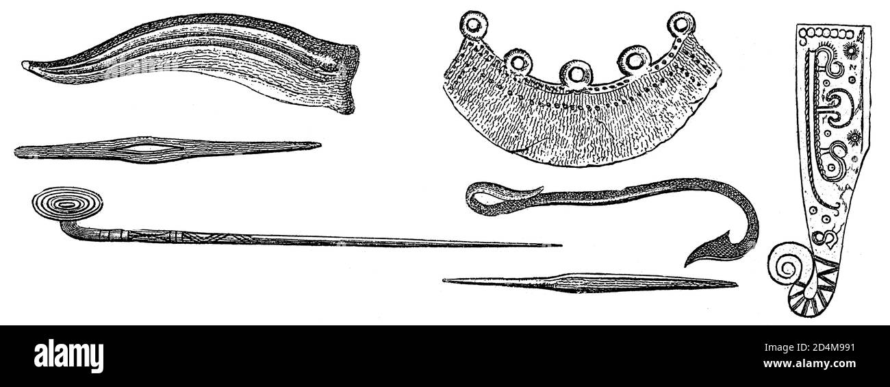 Incisione antica di manufatti dell'età del bronzo. Pubblicato in Systematischer Bilder-Atlas zum Conversations-Lexikon, Ikonographische Encyklopedie der Foto Stock