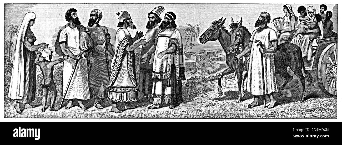 Incisione antica di scene di vita nell'antico Israele. Da sinistra a destra: 1,2,3,4,5,6,7 - Ebrei, 8 - carro ebraico, 9 - Case ebraiche. Illustrazione Foto Stock