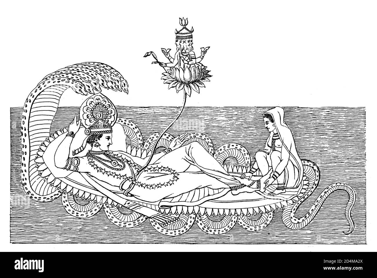 Antica illustrazione delle divinità indiane - Brahma, Vishnu e Lakshmi. Incisione pubblicata su Systematischer Bilder-Atlas zum Conversations-Lexikon, Iko Foto Stock