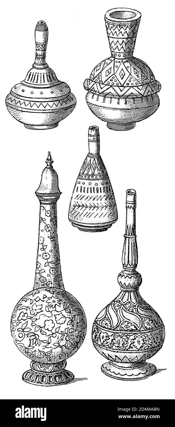 Antica illustrazione del XIX secolo delle pentole perso-arabe. Pubblicato in Systematischer Bilder-Atlas zum Conversations-Lexikon, Ikonographische Encyklopae Foto Stock