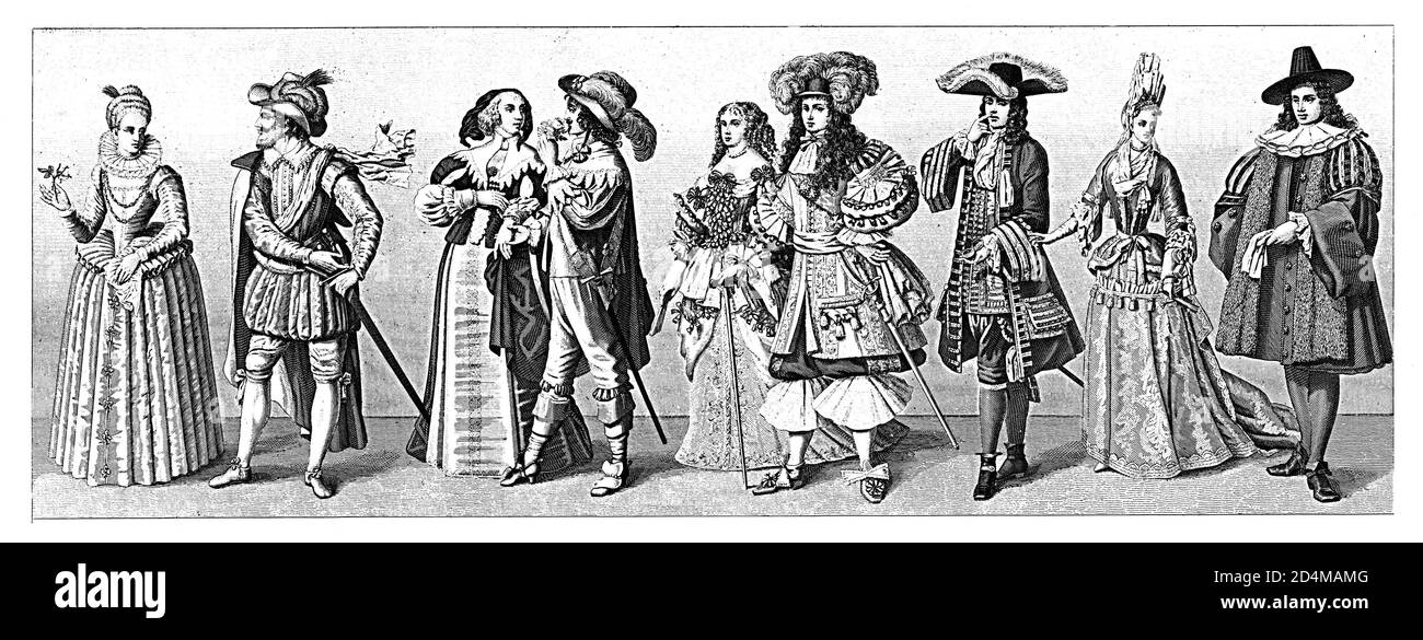 Antica illustrazione dei costumi dell'Europa occidentale del XVII secolo. Da sinistra a destra: 1,2 - costume olandese; 3 - moda francese; 4 - Luigi XIV Foto Stock