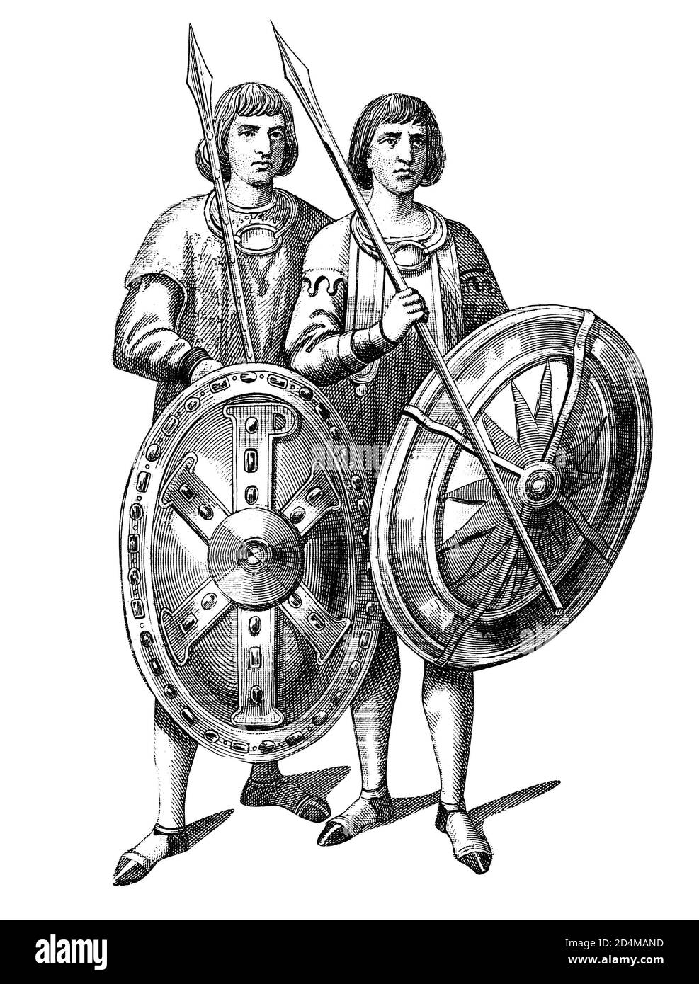 Illustrazione del XIX secolo dell'Imperatore Giustiniani i rivisita costumi. Incisione pubblicata su Systematischer Bilder-Atlas zum Conversations-Lexikon, ikono Foto Stock