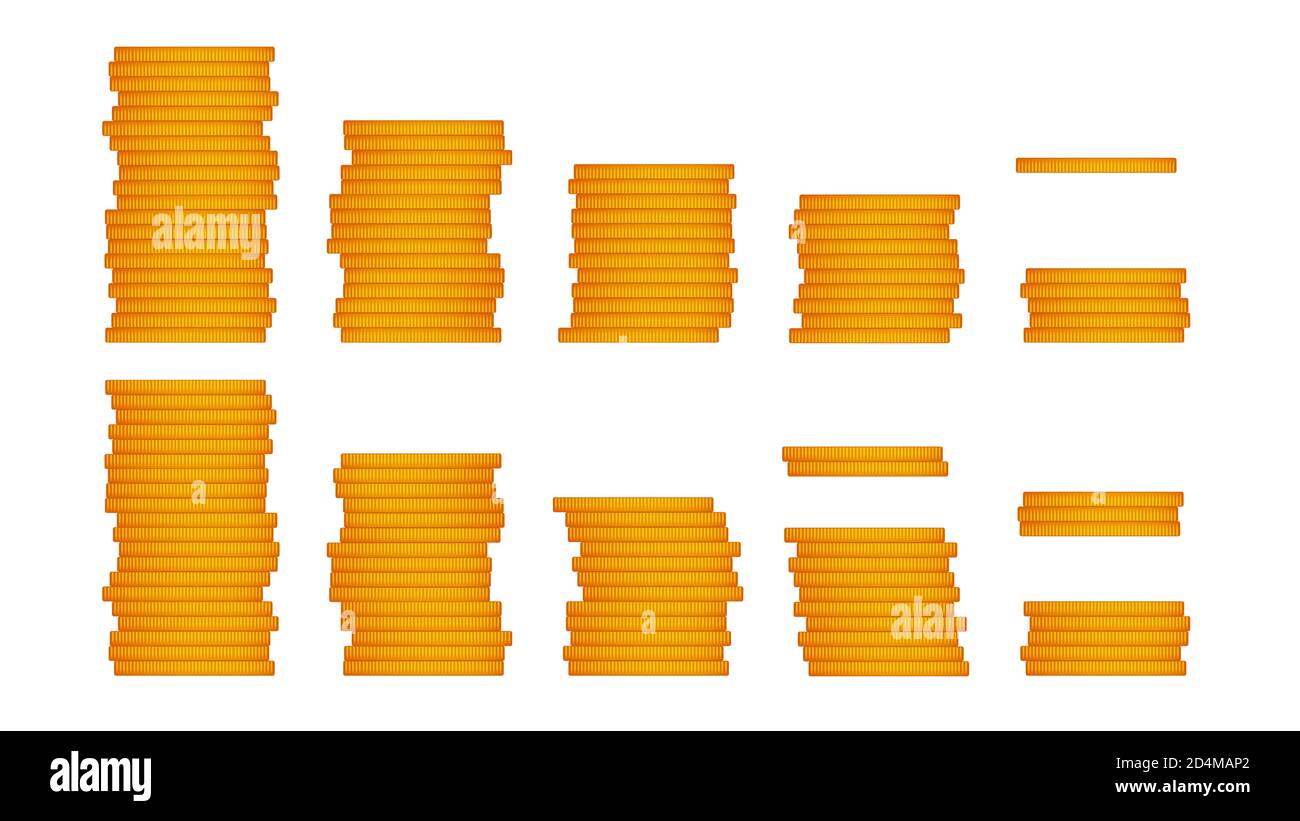 Set di pile dorate di monete isolate su bianco. Stile cartone animato. Vista laterale. Grande jackpot. Vettore 10. Illustrazione Vettoriale