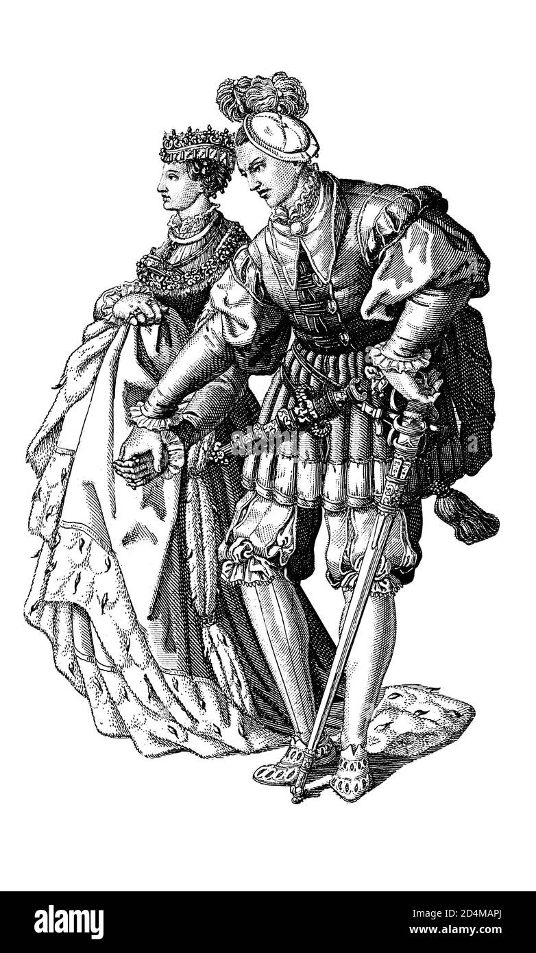 Illustrazione del 19th° secolo - Coppia danzante in occasione di un matrimonio del XVI secolo. Incisione pubblicata su Systematischer Bilder-Atlas Foto Stock