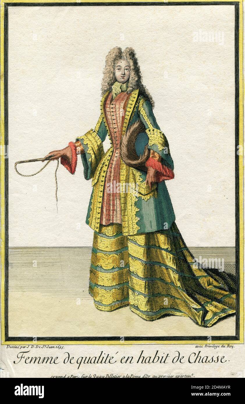 Incisione di moda francese colorata a mano di 17 centuryJ. D. De Saint Jean Foto Stock