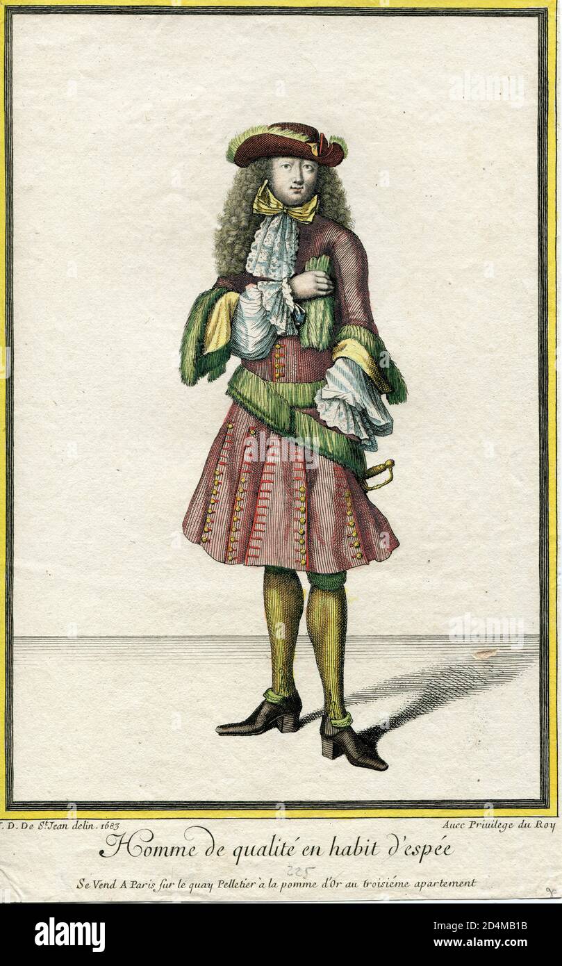 Incisione di moda francese colorata a mano di 17 centuryJ. D. De Saint Jean Foto Stock