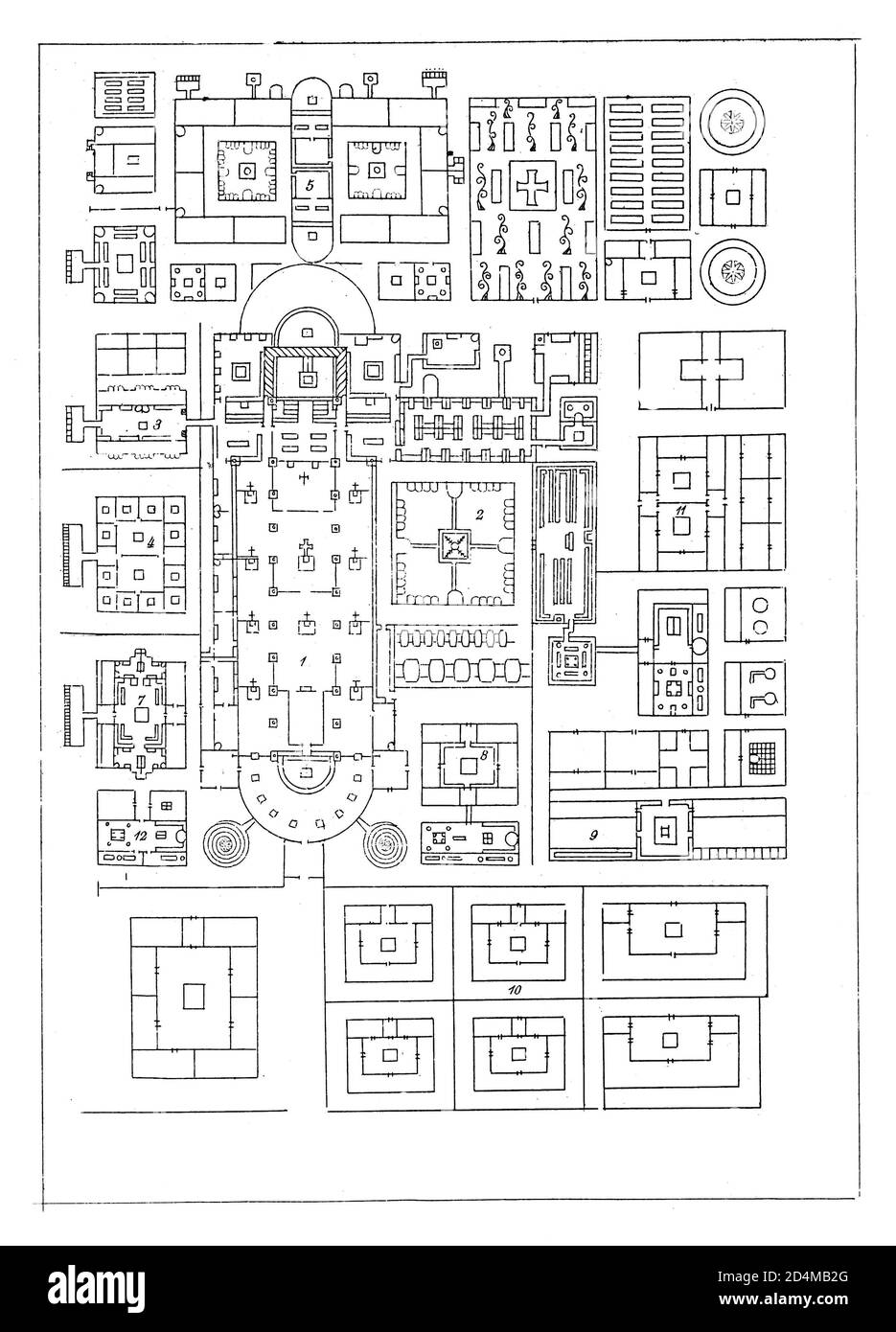 Antica illustrazione del XIX secolo di un progetto del monastero di San Gallo (IX secolo). Pubblicato in Systematischer Bilder-Atlas zum Conversations-Lexik Foto Stock