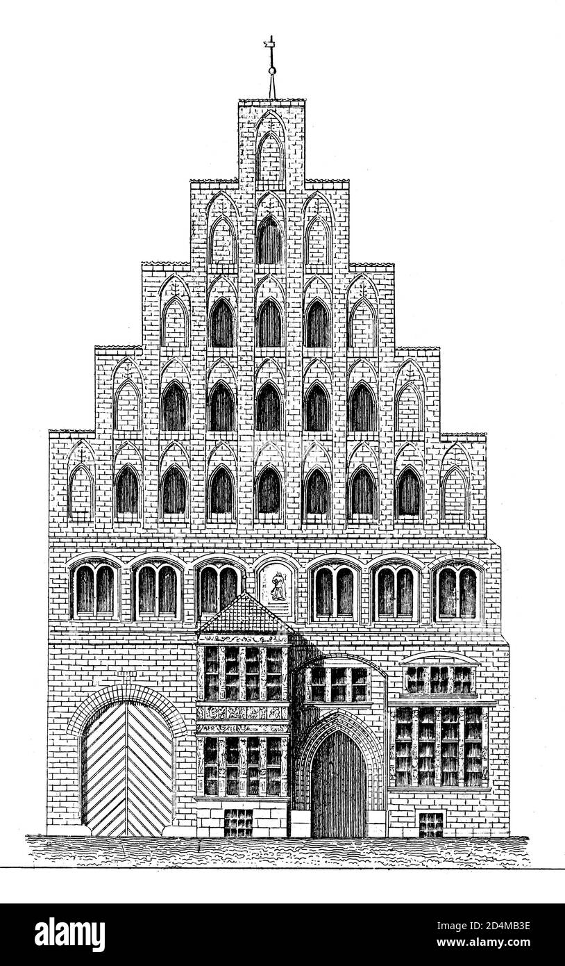 Illustrazione del XIX secolo di una casa medievale ad Hannover. Pubblicato in Systematischer Bilder-Atlas zum Conversations-Lexikon, Ikonographische Encyklop Foto Stock