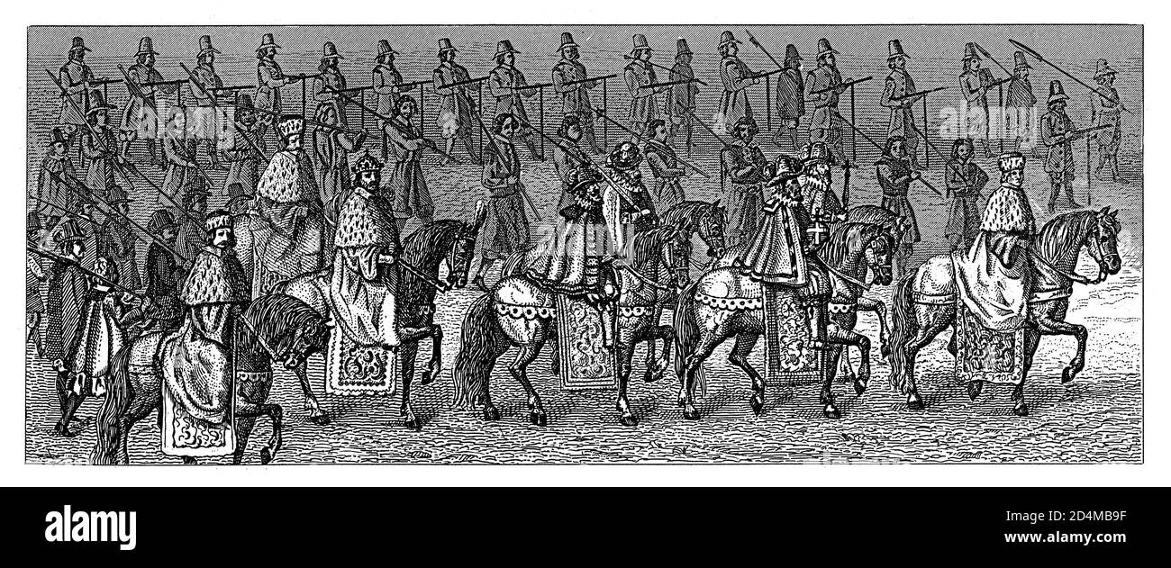 Antica illustrazione del XIX secolo della processione festosa dopo l'incoronazione dell'imperatore. Pubblicato in Systematischer Bilder-Atlas zum Conversations-Lexikon Foto Stock