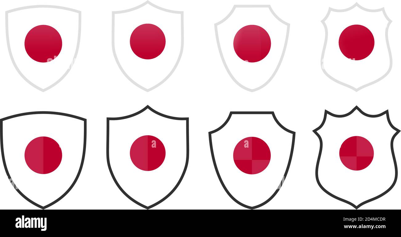 Bandiera giapponese verticale a forma di scudo, quattro versioni 3d e semplici. Icona / simbolo Giappone Illustrazione Vettoriale