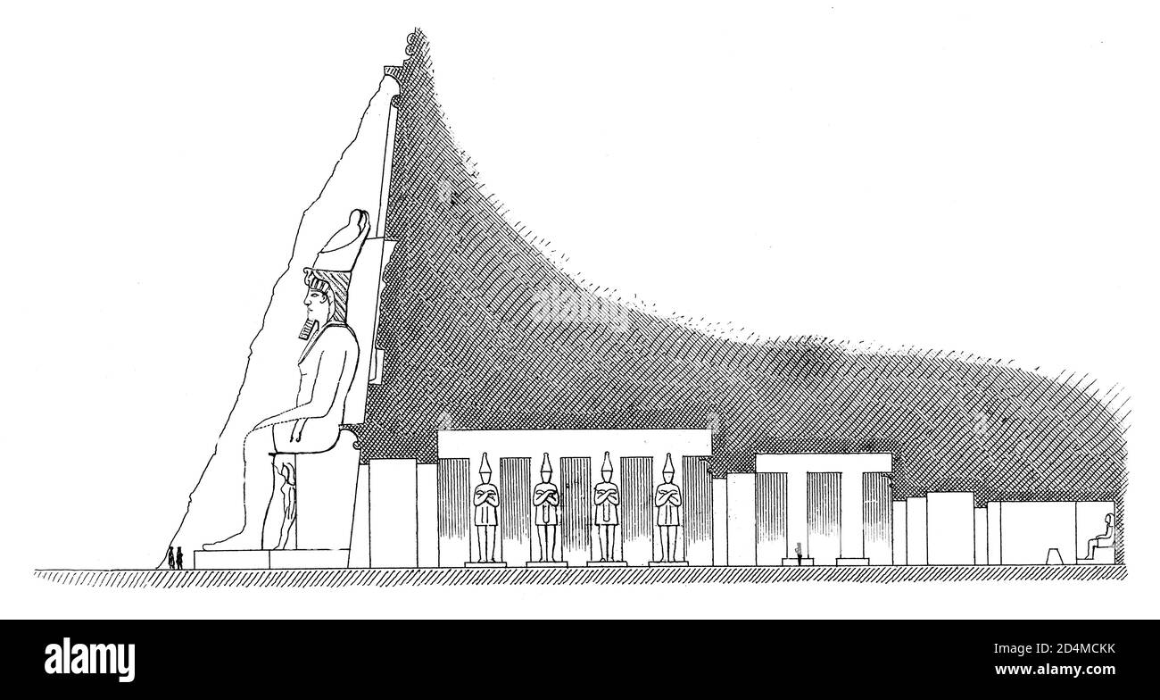Antica illustrazione del XIX secolo di una sezione del tempio di roccia egiziano. Pubblicato in Systematischer Bilder-Atlas zum Conversations-Lexikon, Ikonographis Foto Stock