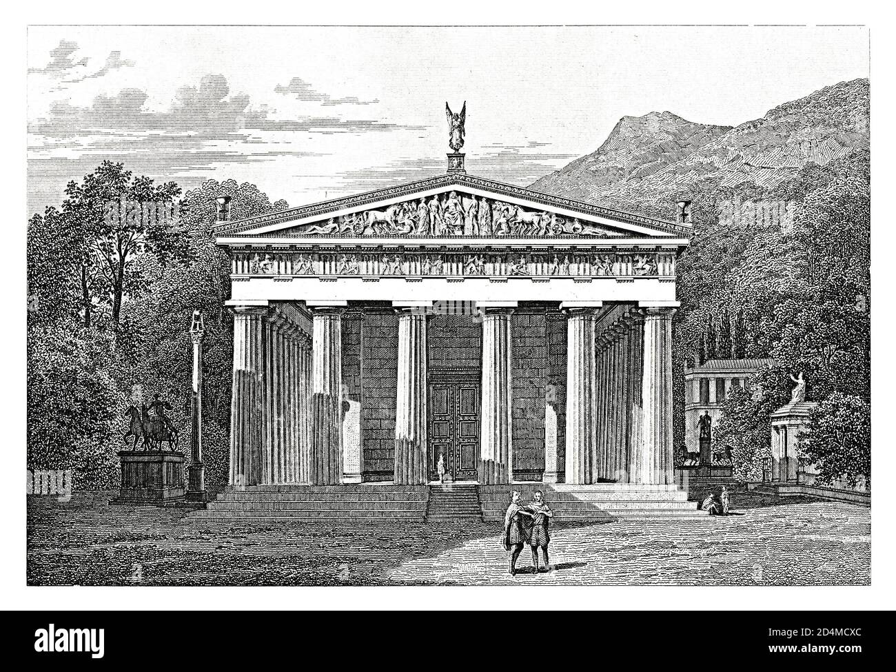 Incisione ottocentesca del Tempio di Zeus ad Olimpia. Pubblicato in Systematischer Bilder-Atlas zum Conversations-Lexikon, Ikonographische Encyklopa Foto Stock