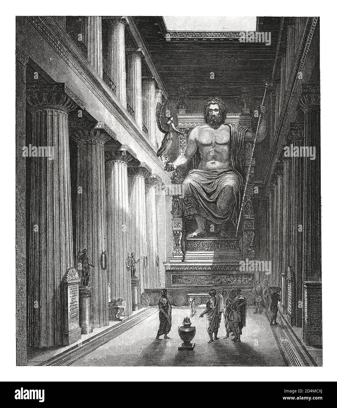 Illustrazione del XIX secolo dell'interno del tempio di Zeus ad Olimpia. Pubblicato in Systematischer Bilder-Atlas zum Conversations-Lexikon, Ikonog Foto Stock