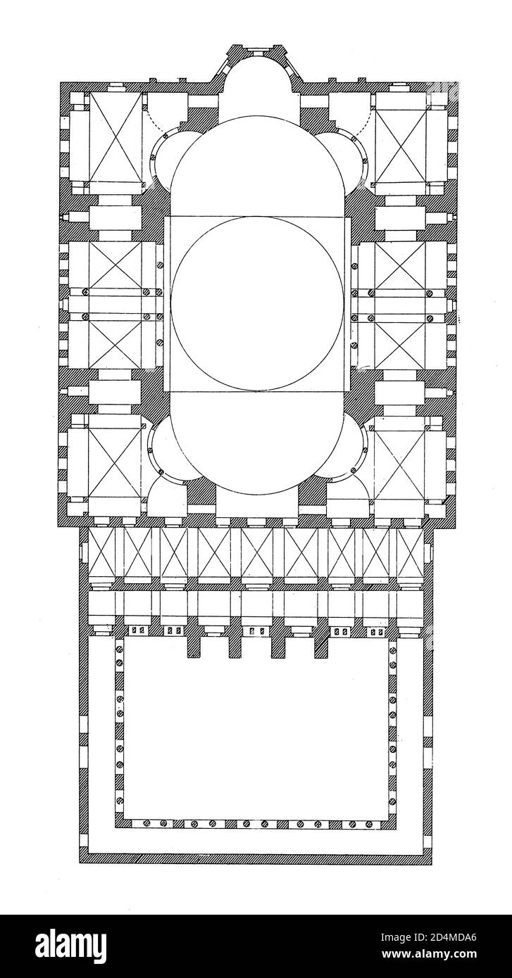 Incisione antica della pianta di Hagia Sophia a Istanbul, Turchia. Pubblicato in Systematischer Bilder-Atlas zum Conversations-Lexikon, Ikonographisc Foto Stock