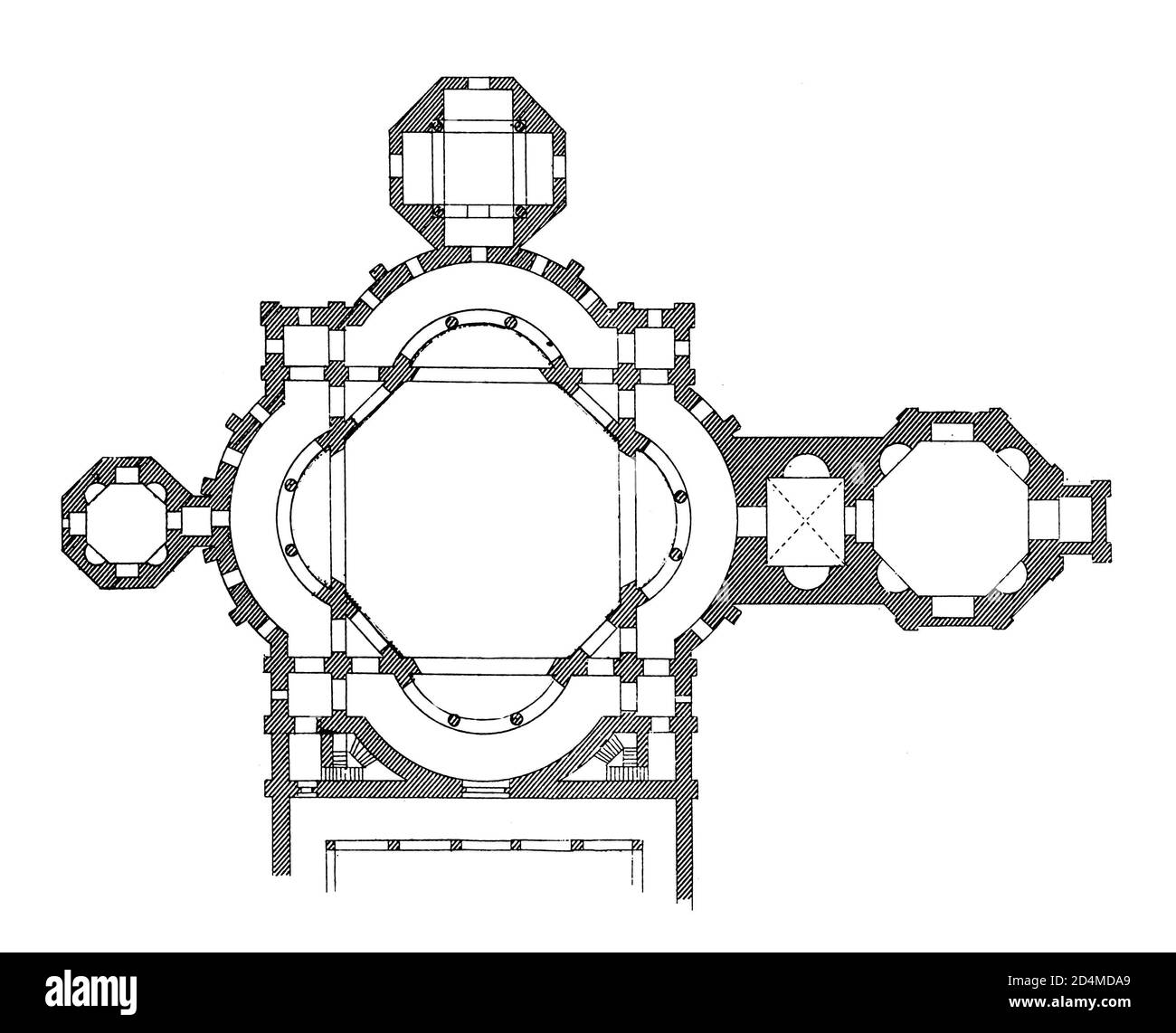 Antica incisione ottocentesca di una pianta della Basilica di San Lorenzo a Milano. Pubblicato in Systematischer Bilder-Atlas zum Conversations-Lex Foto Stock