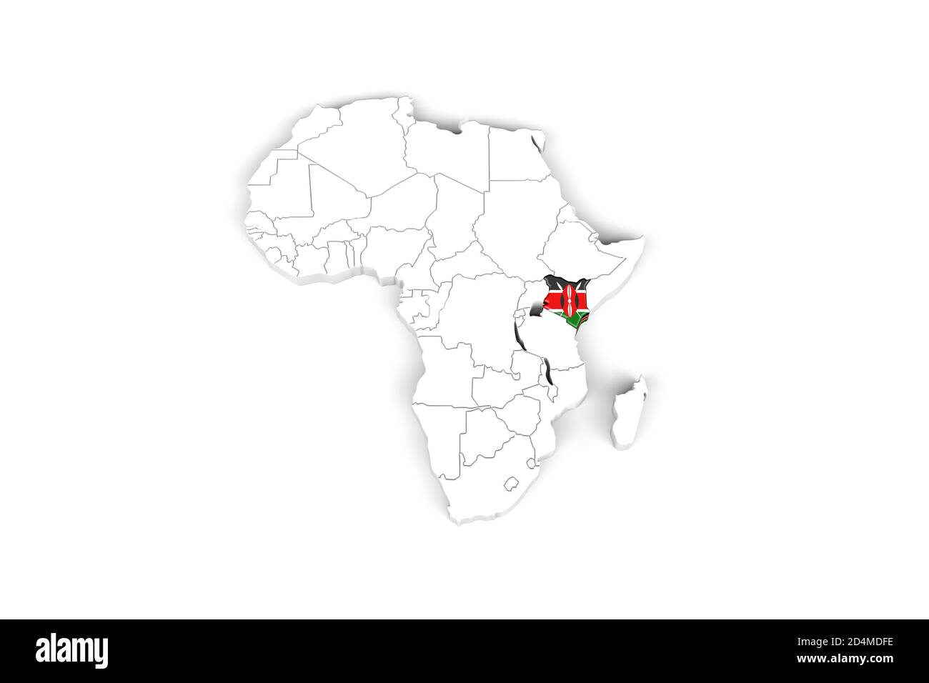 Africa Mappa 3d con bordi marcati - area del Kenya marcata Con bandiera del Kenya - isolato su sfondo bianco - 3D Illustrazione Foto stock - Alamy