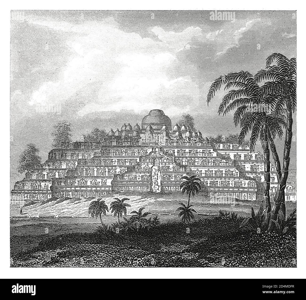 Antica illustrazione del XIX secolo di Borobudur in Indonesia. Pubblicato in Systematischer Bilder-Atlas zum Conversations-Lexikon, Ikonographische Encyk Foto Stock