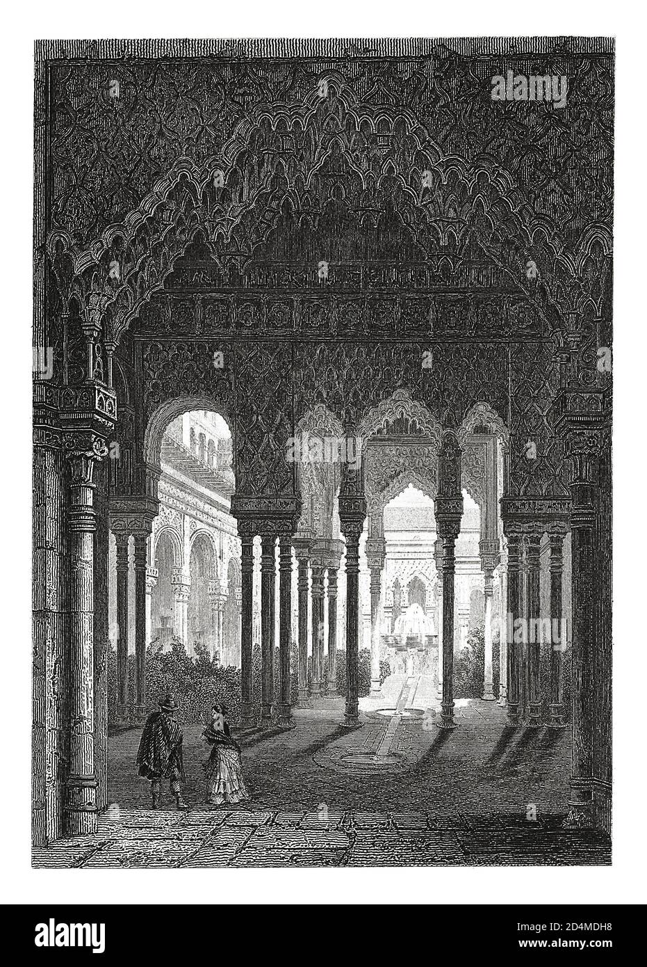 Antica illustrazione del XIX secolo della Corte dei Leoni in Alhambra. Pubblicato in Systematischer Bilder-Atlas zum Conversations-Lexikon, Ikonograp Foto Stock