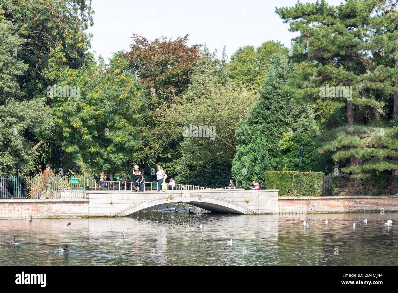 Stone bridge, Carshalton Stagni, Carshalton, London Borough of Sutton, Greater London, Inghilterra, Regno Unito Foto Stock