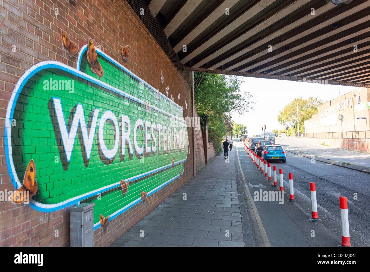 Cartello Worcester Park nel sottopassaggio, Central Road, Worcester Park, London Borough of Sutton, Greater London, England, United Kingdom Foto Stock