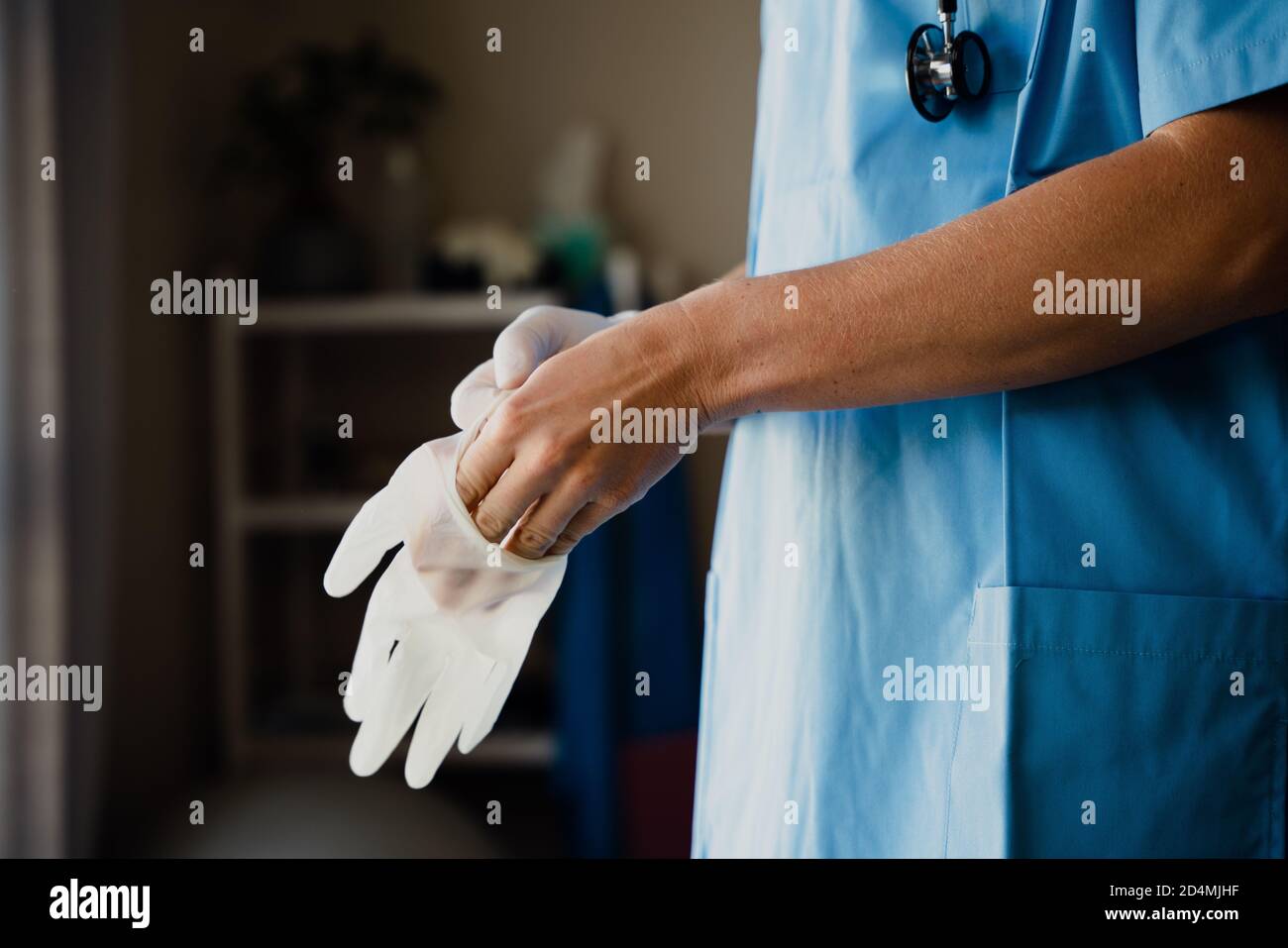 Primo piano di medico femminile in scrub mettendo guanti chirurgo sulle mani Foto Stock
