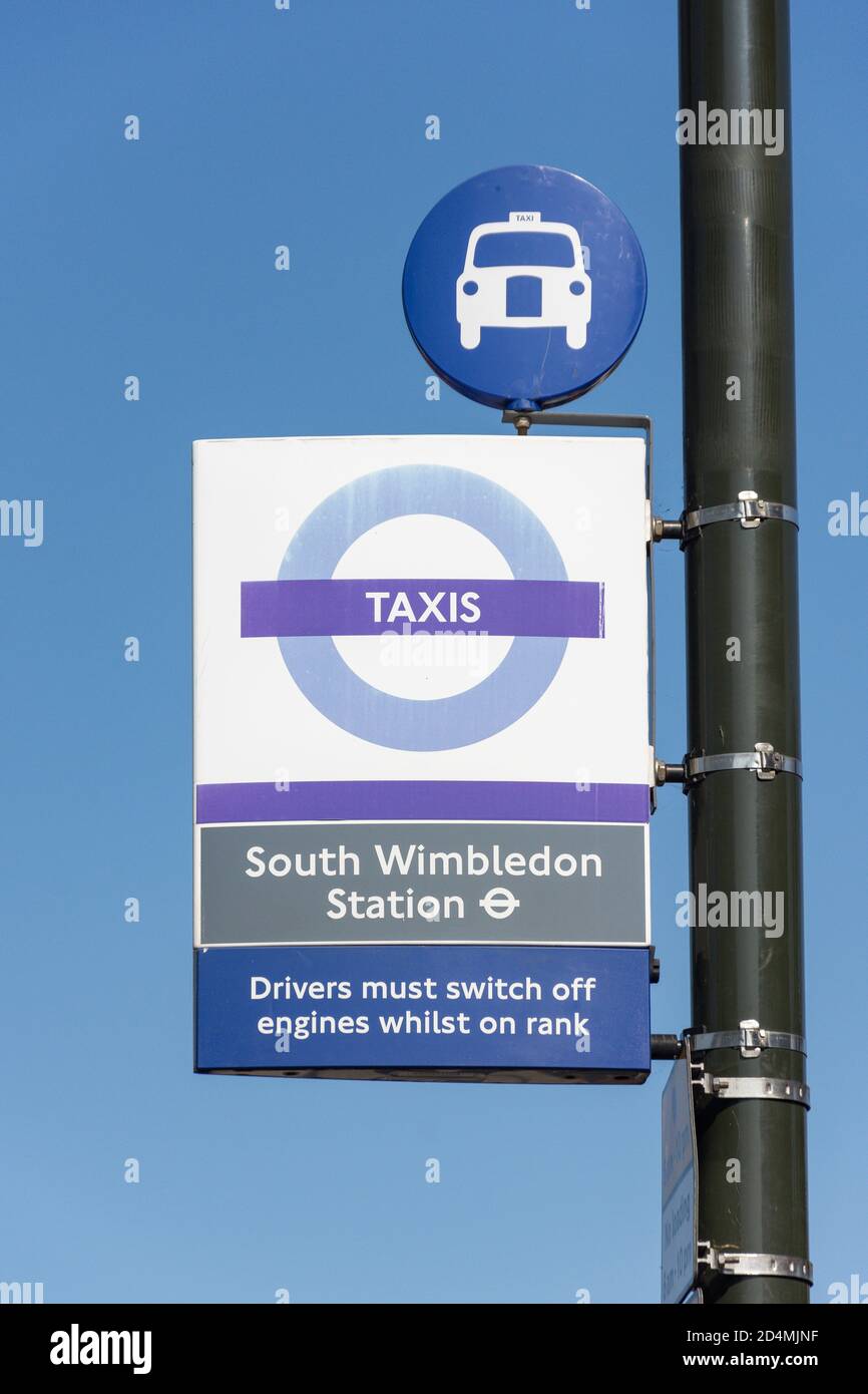Cartello taxi, Morden Road, South Wimbledon, London Borough of Merton, Greater London, England, United Kingdom Foto Stock