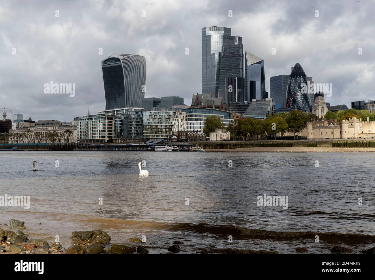 Londra, Gran Bretagna. 6 Ott 2020. I cigni sono visti sul Tamigi sullo sfondo della città di Londra, a Londra, Gran Bretagna, il 6 ottobre 2020. Il prodotto interno lordo (PIL) della Gran Bretagna ha registrato il quarto aumento mensile consecutivo nell'agosto 2020, ma è rimasto ben al di sotto dei livelli pre-pandemici, ha detto l'Ufficio britannico per le statistiche nazionali (ONS) il 9 ottobre. Credit: Han Yan/Xinhua/Alamy Live News Foto Stock