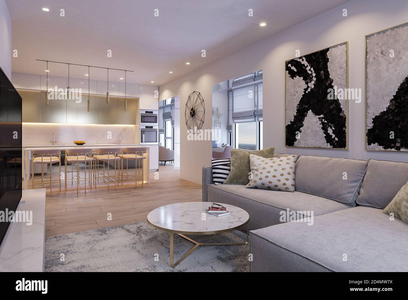 Design interno di un appartamento cittadino con finestre panoramiche. Cucina e soggiorno in stile moderno Foto Stock