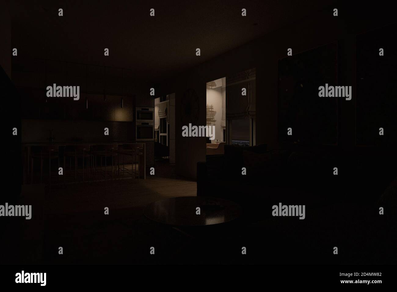 Visualizzazione 3D notturna degli interni. Design del soggiorno combinato con la cucina Foto Stock