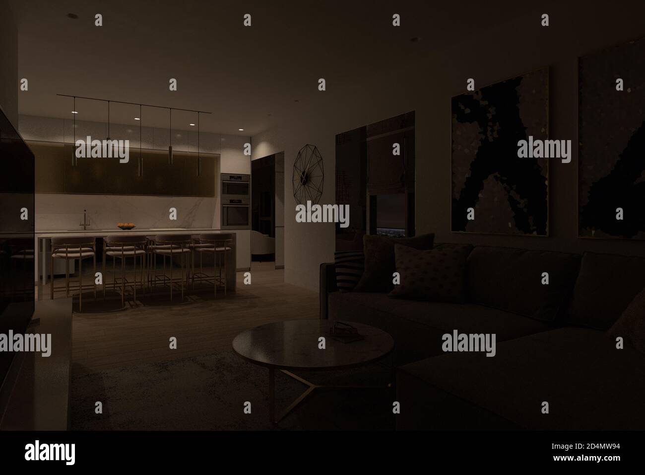 3d Interior design della cucina e del soggiorno con spot di illuminazione inclusi sopra gli armadi da cucina Foto Stock