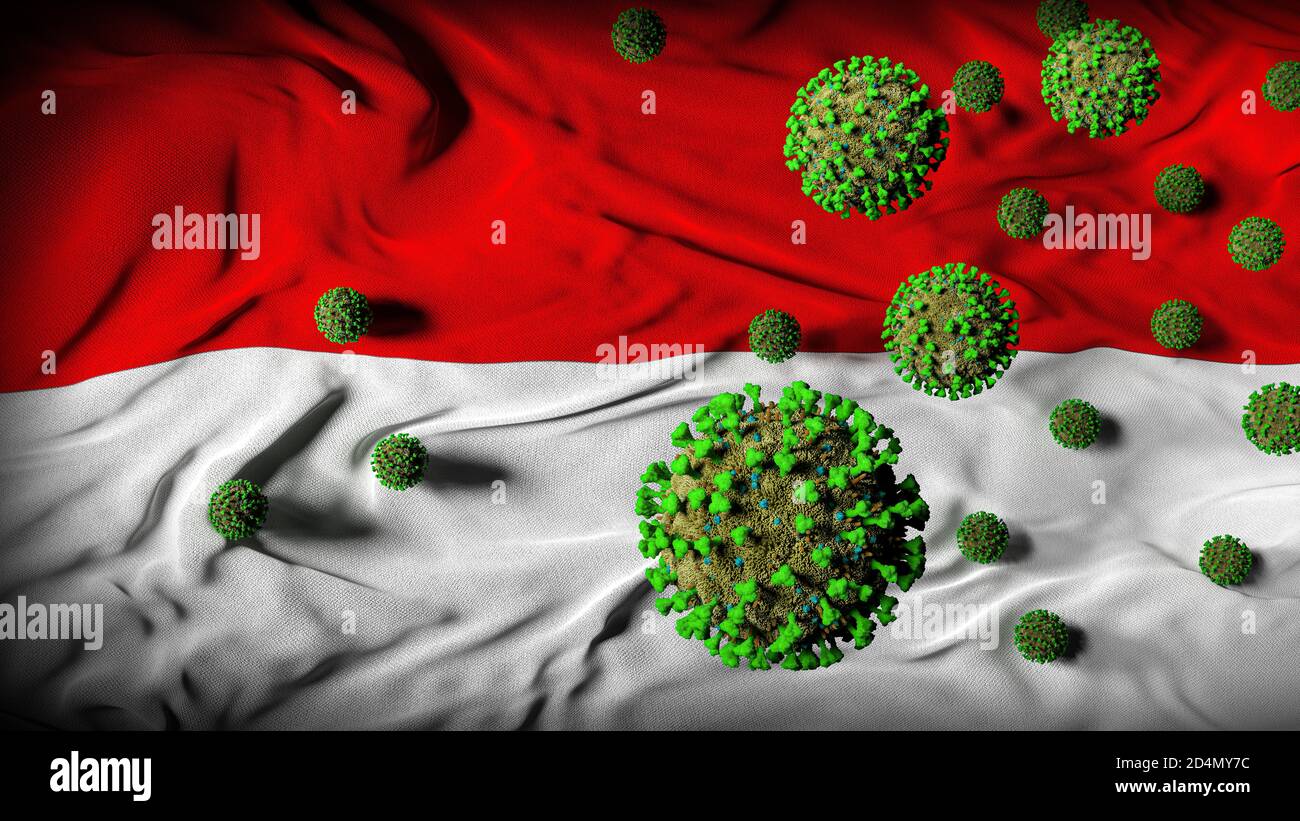 COVID-19 molecole di Coronavirus sulla bandiera indonesiana - risposta di crisi di salute, aumento e Spike nei casi di COVID - vittime pandemiche del virus dell'Indonesia Foto Stock