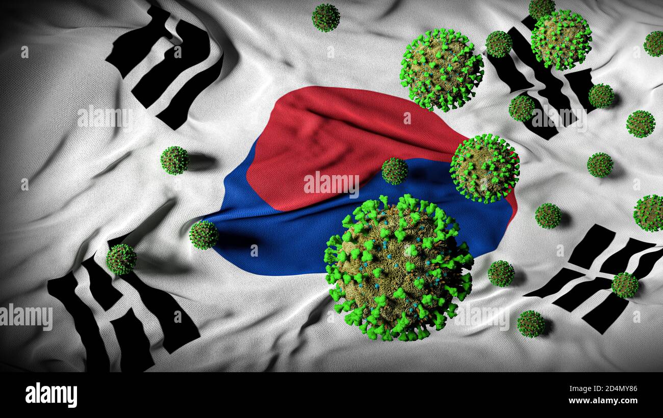 COVID-19 molecole di Coronavirus sulla bandiera della Corea del Sud - Salute crisi Risposta, aumento e Spike in casi COVID - Corea del Sud Virus Pandemic casueties Foto Stock
