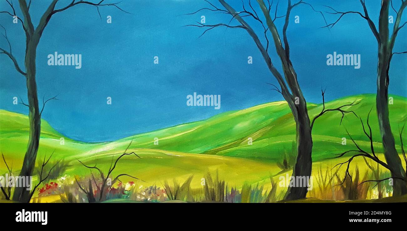 Pittura ad olio, paesaggio, disegno fatto a mano, illustrazione. Prati verdi e gialli, colline, cielo, nuvole blu, piante e alberi secchi. Olio su tela. Foto Stock
