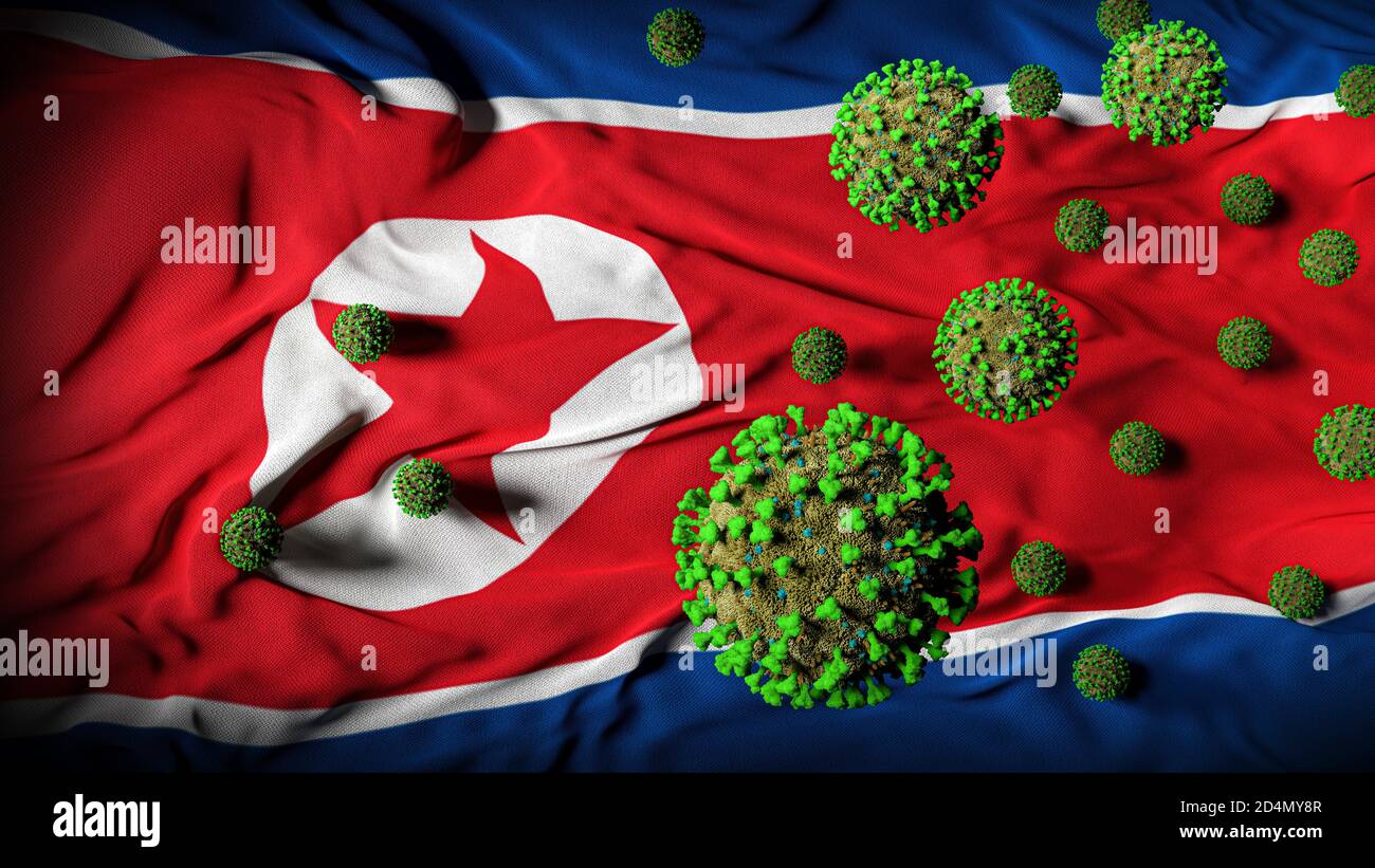 COVID-19 molecole di Coronavirus sulla bandiera della Corea del Nord - risposta di crisi di salute, aumento e Spike nei casi di COVID - vittime pandemiche del virus della Corea del Nord Foto Stock