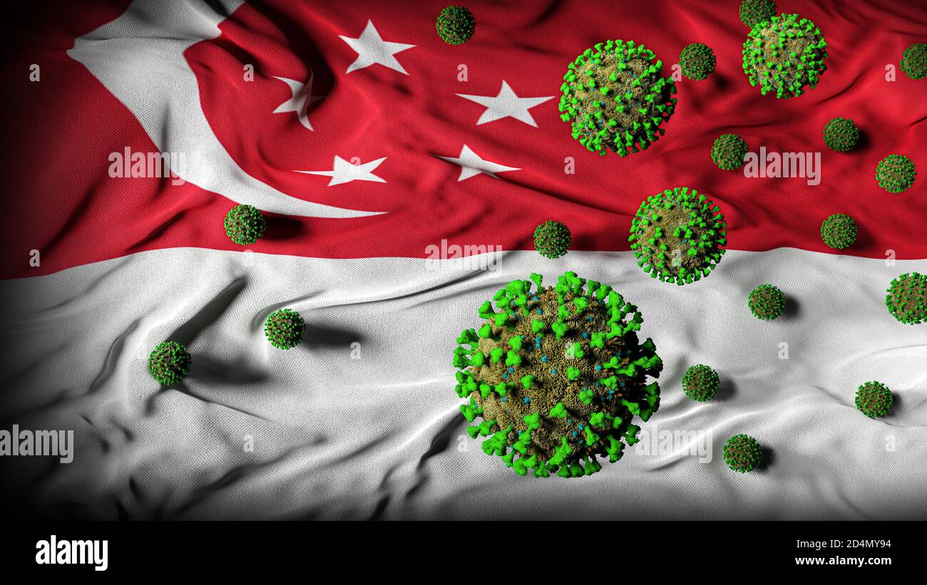 COVID-19 molecole di Coronavirus sulla bandiera di Singapore - risposta di crisi di salute, aumento e Spike in casi di COVID - vittime pandemiche del virus di Singapore Foto Stock