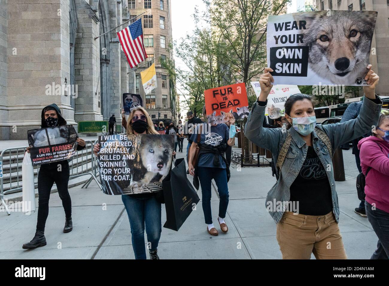 New York City, Stati Uniti. 9 Ott 2020. Gli attivisti per i diritti degli animali hanno aperto la stagione delle pellicce con una protesta che chiede il divieto di indossare abiti da pelliccia il 9 ottobre 2020 a New York City. (Foto di Gabriele Holtermann/Sipa USA) Credit: Sipa USA/Alamy Live News Foto Stock