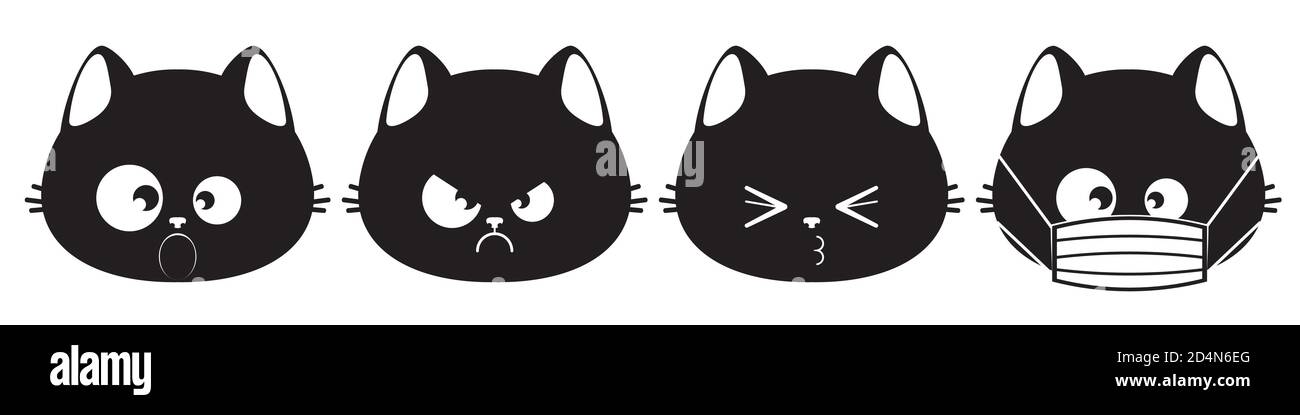 Cute testa di gatto nera con illustrazione di espressioni diverse. Illustrazione Vettoriale