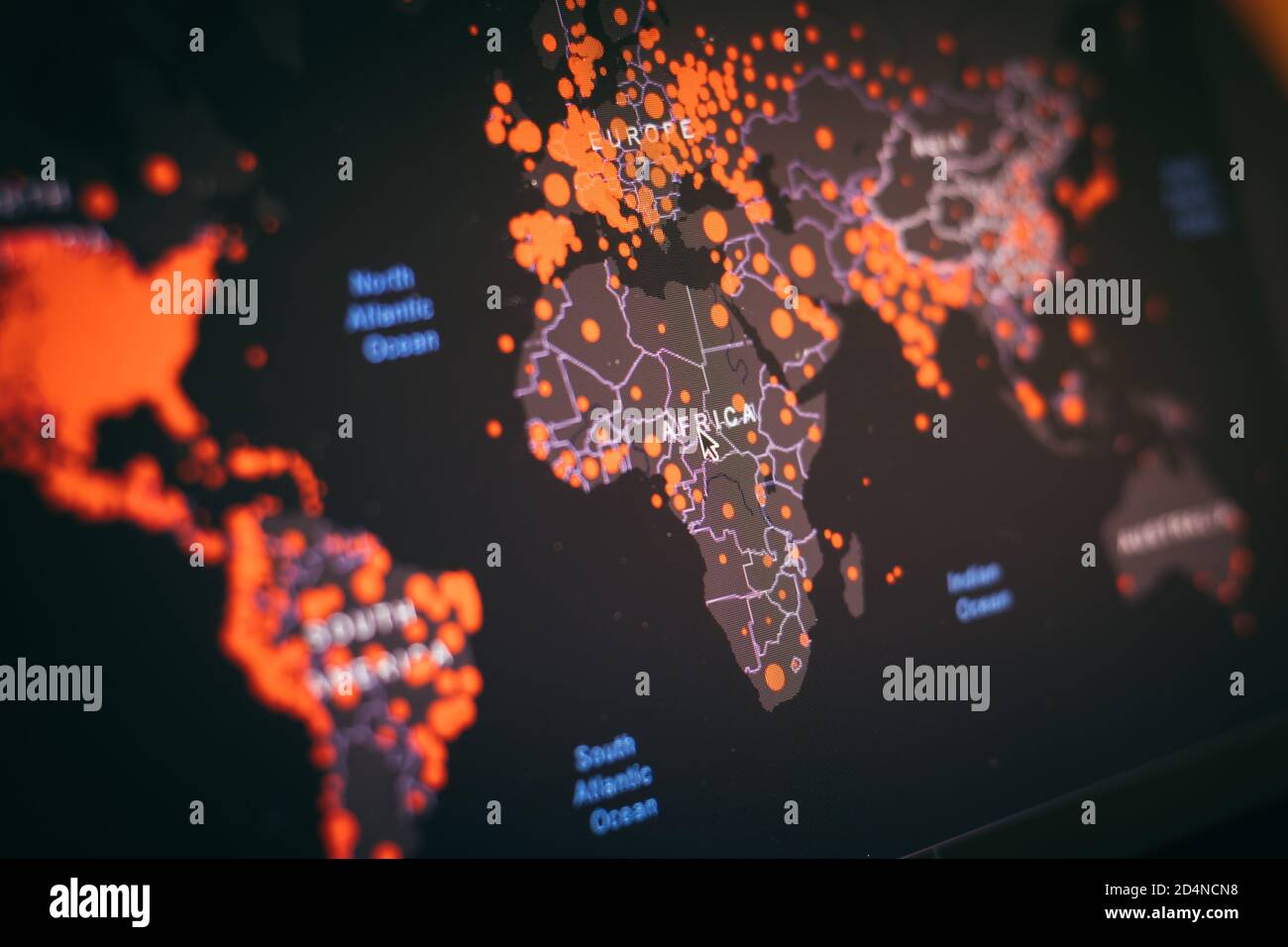 COVID-19 mappa del mondo hotspot secondo Johns Hopkins University COVID-19 Dashboard. Foto Stock