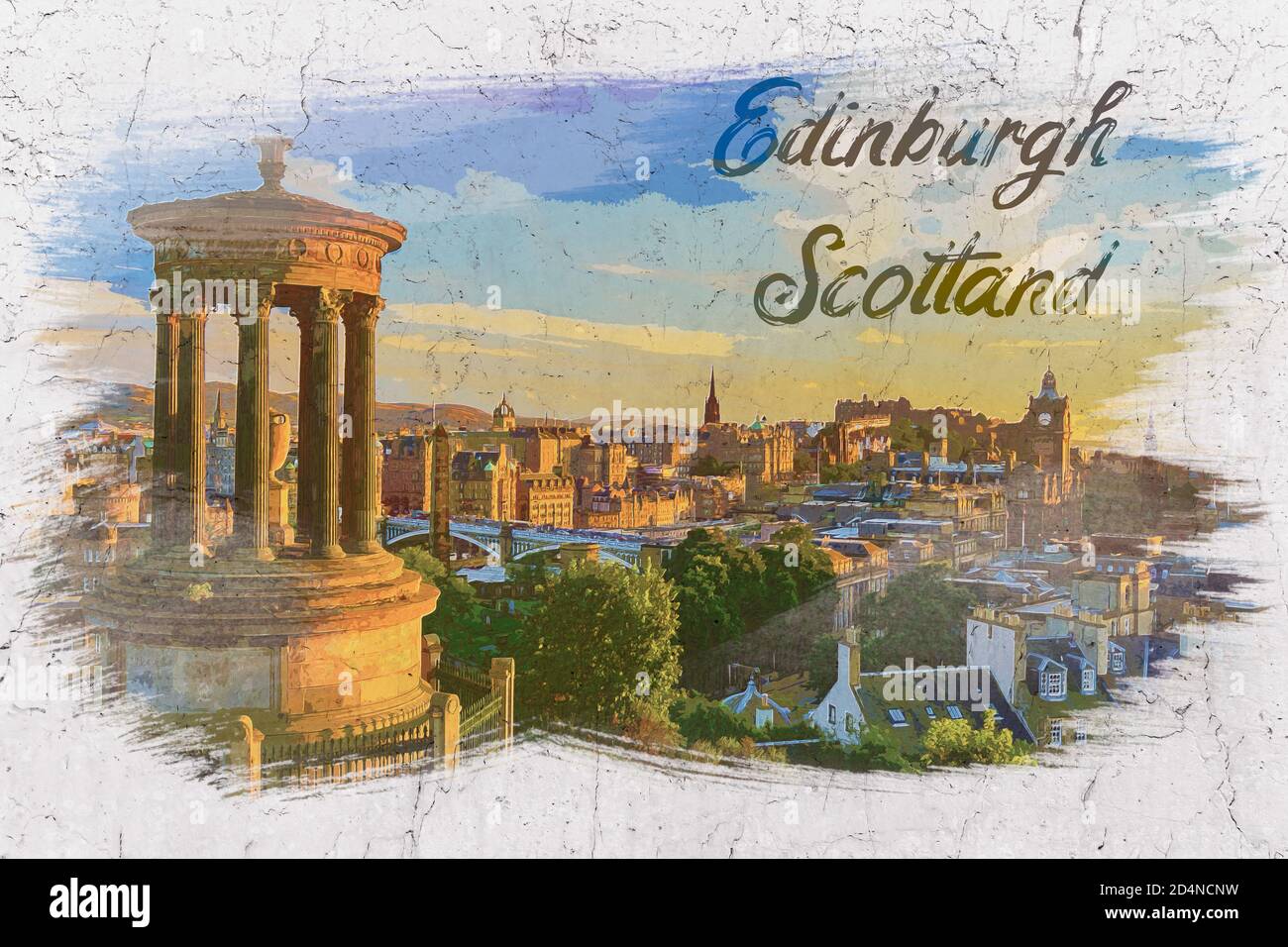 Vista dalla collina di Calton al castello di Edimburgo, Scozia, dipinto ad acquerello Foto Stock