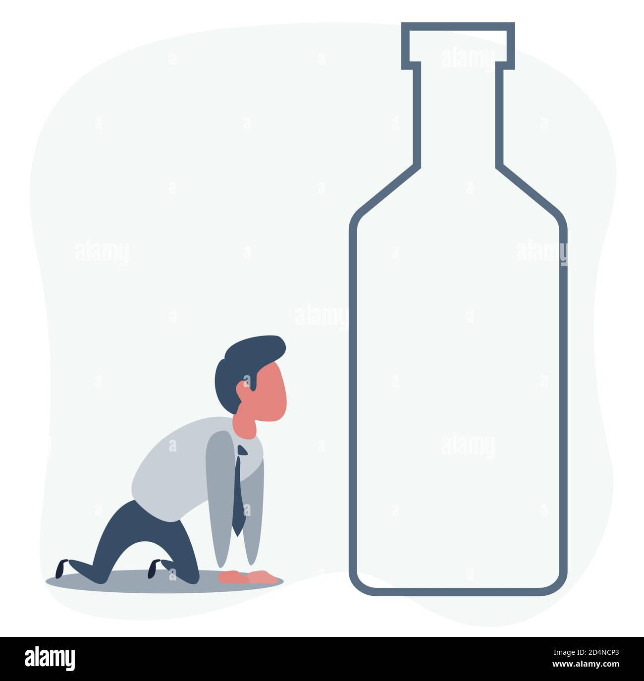 Malato ubriaco sulle ginocchia accanto alla bottiglia di vino. Concetto flat vettore illustrazione della dipendenza da alcol. Illustrazione Vettoriale