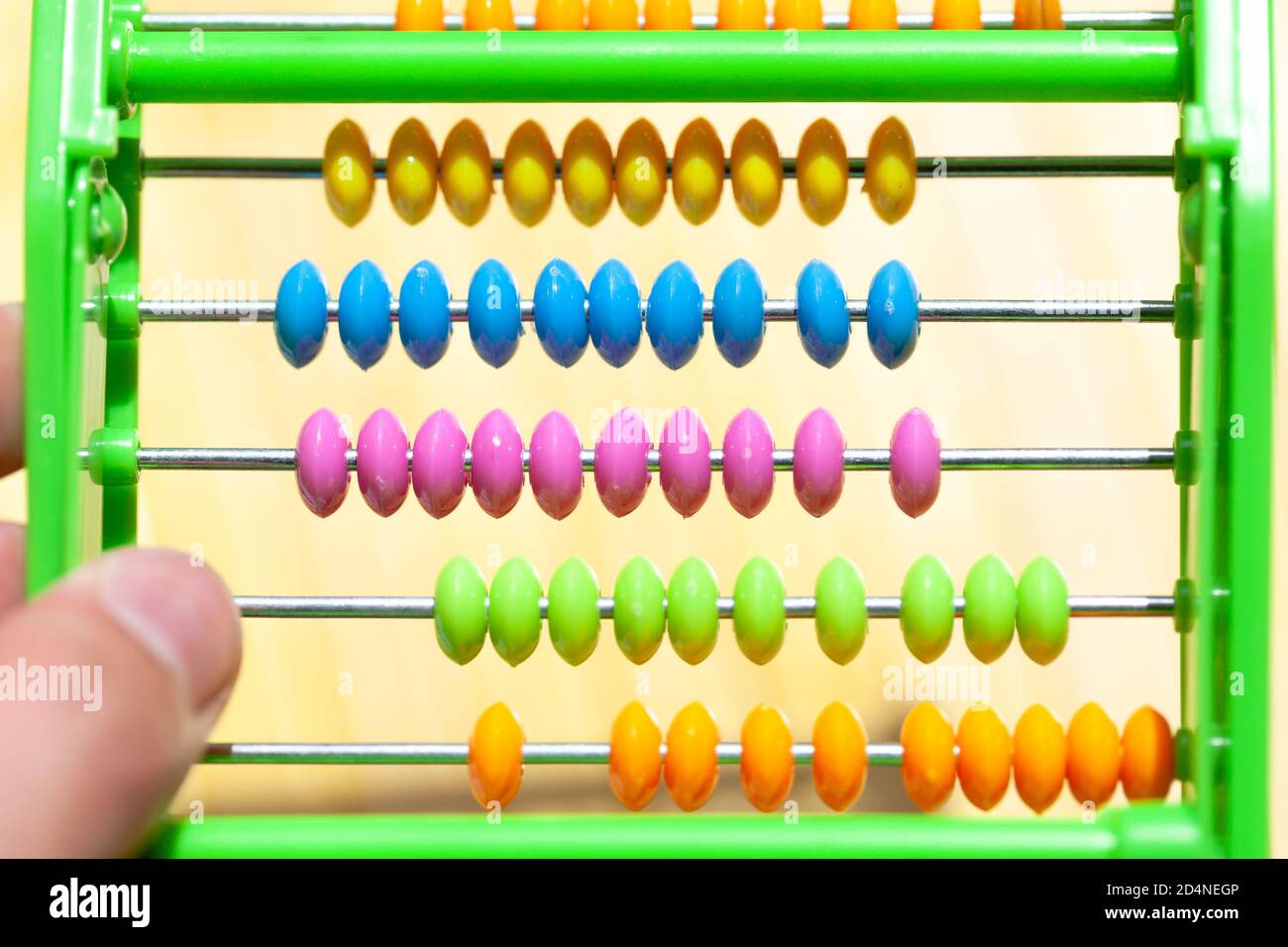 Giocattolo colorato in plastica abacus con perle multicolore, guardaroba. Bambini e matematica, scuola elementare semplici ausili per l'insegnamento della matematica, bambini, istruzione Foto Stock