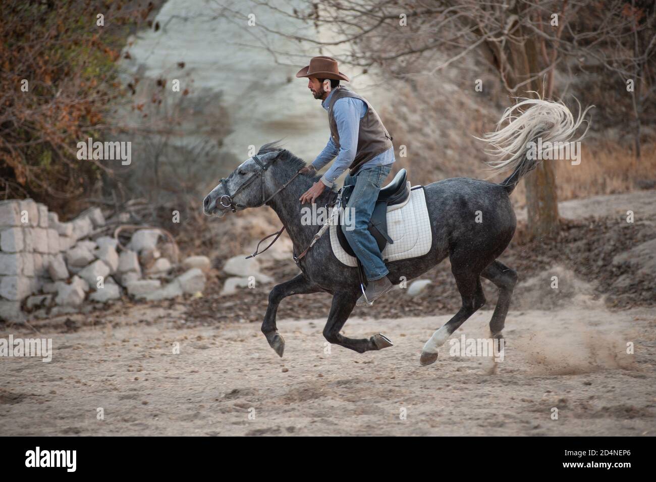 Cappadocia, Turchia. 8 Novembre 2017 Irfan Ozdogan gode di un galoppo sul suo ranch nella Valle di Gorkunde, vicino a Goreme, Cappadocia, Turchia. Foto Stock