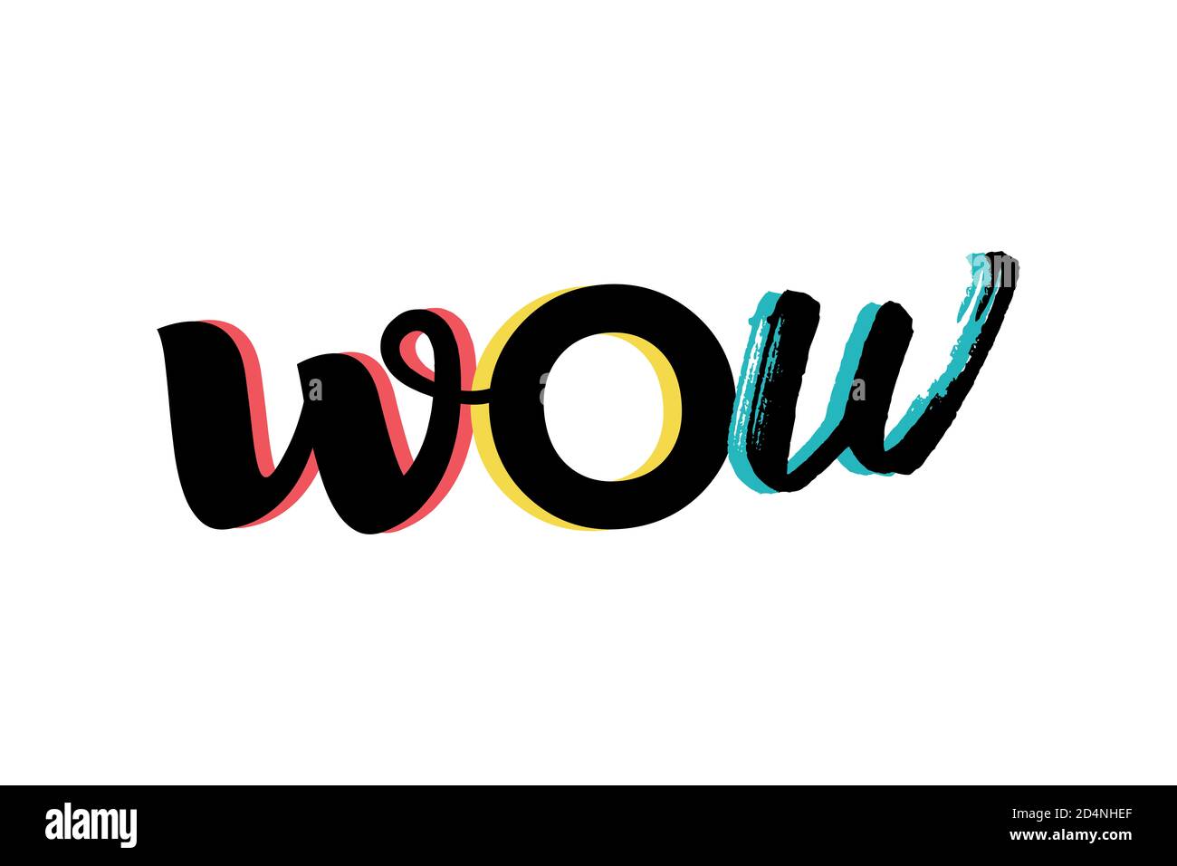 Design grafico moderno, vivace e audace di una parola "WOW" nei colori rosso, giallo e blu. Tipografia scritta a mano con tratto di pennello. Foto Stock