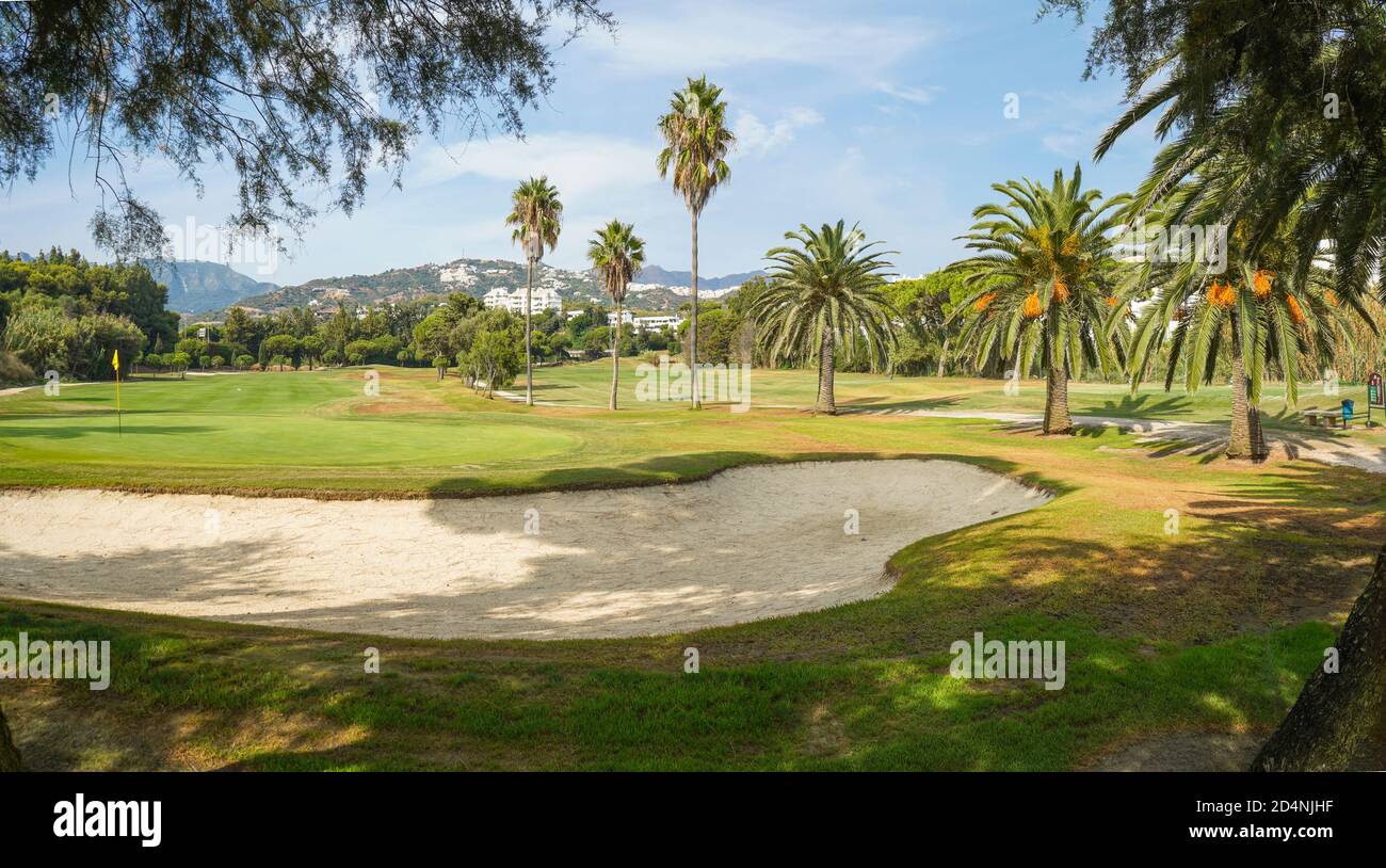 Vista su Rio Real, campo da golf a 18 buche, Marbella, costa del sol, Andalusia, Spagna. Foto Stock
